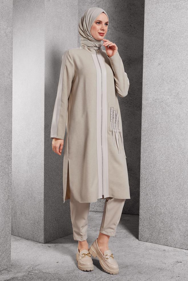 Tesettür giyim BEJ FERMUARLI TUNİK 45156 - ALVİNA