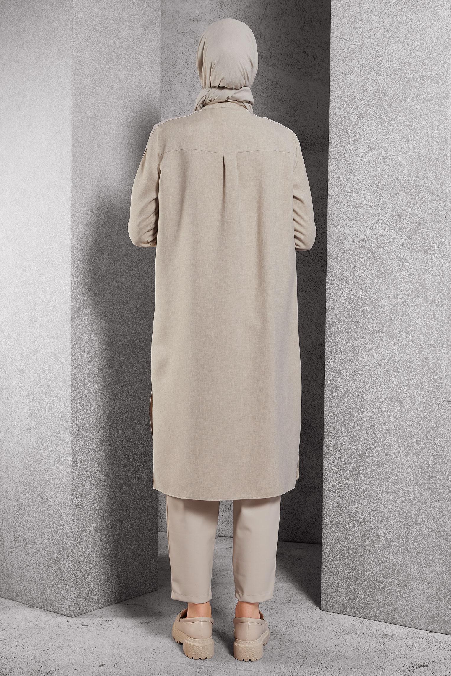 Tesettür giyim BEJ FERMUARLI TUNİK 45156