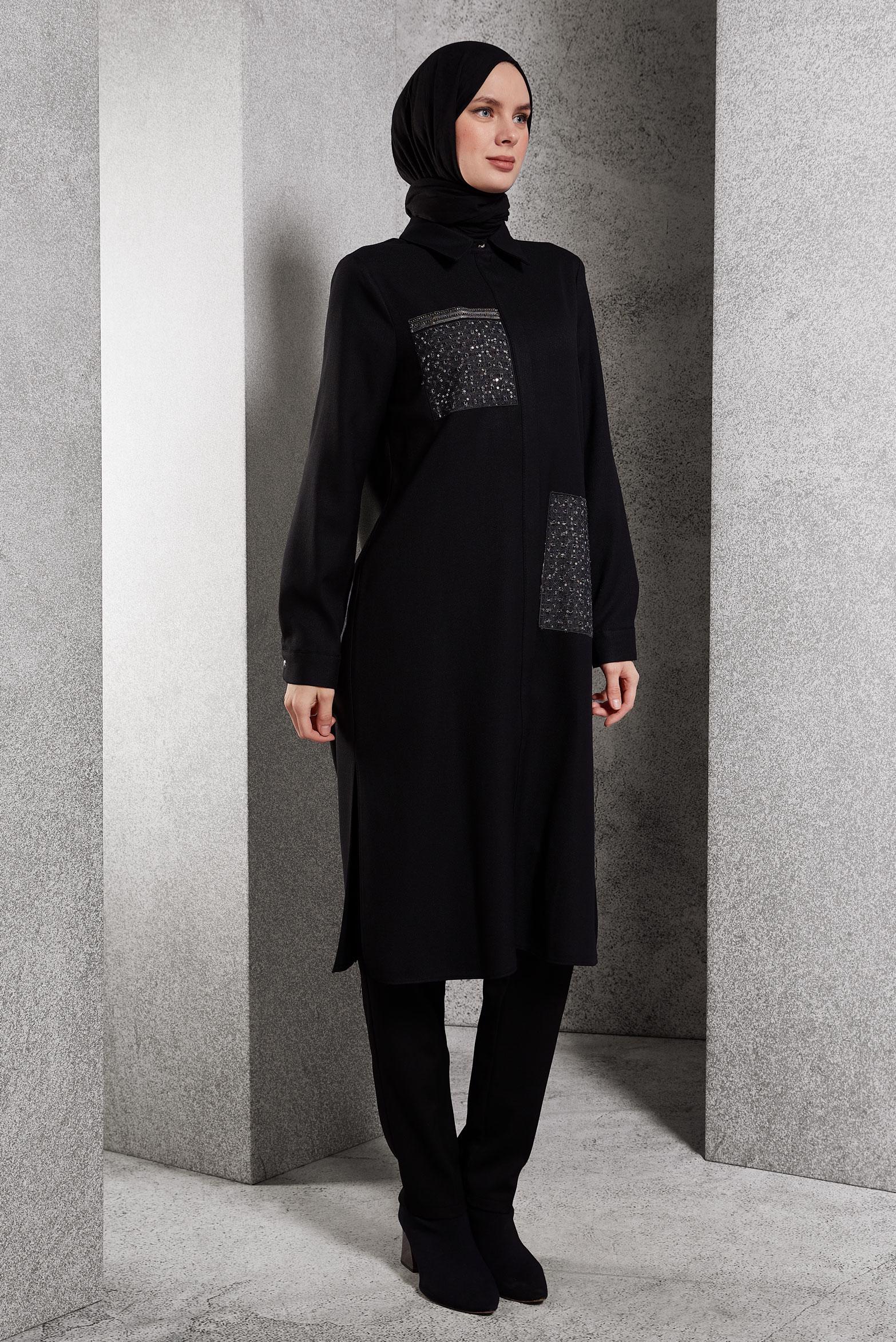 Tesettür giyim SİYAH TAŞ DETAYLI TUNİK 45157