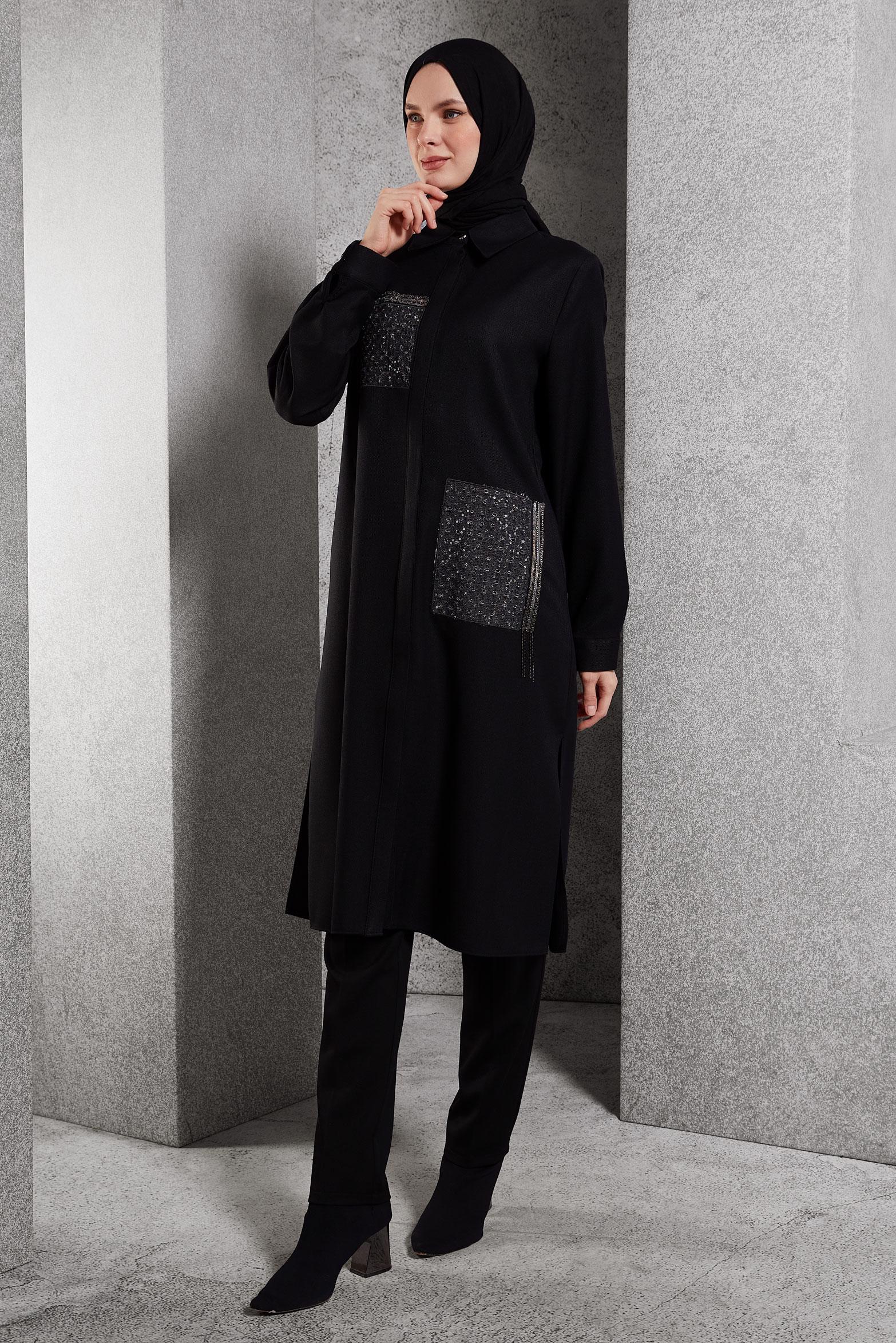Tesettür giyim SİYAH TAŞ DETAYLI TUNİK 45157