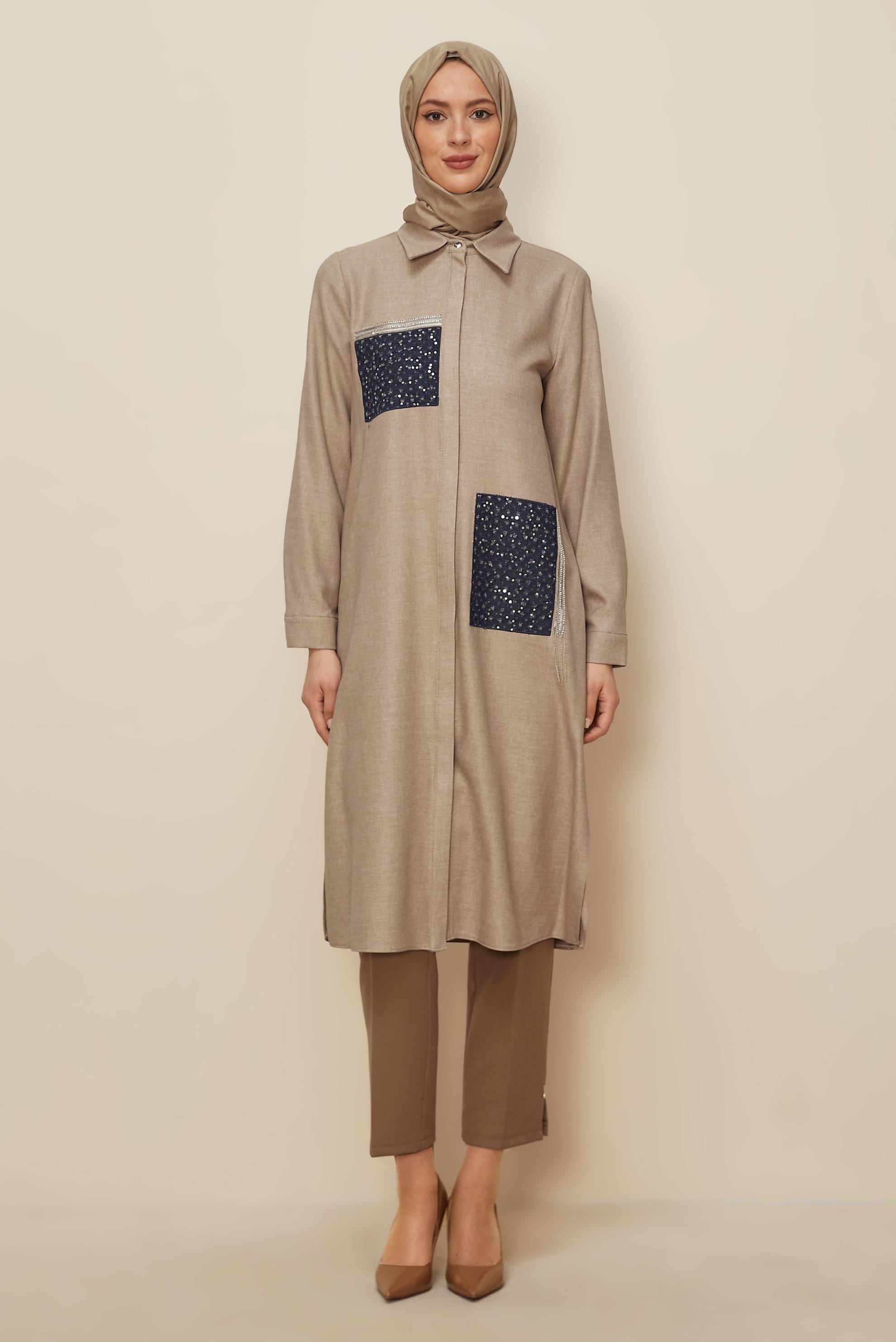 Vêtements hijab BEIGE TUNIQUE AVEC DÉTAIL DE GEMMES 45157