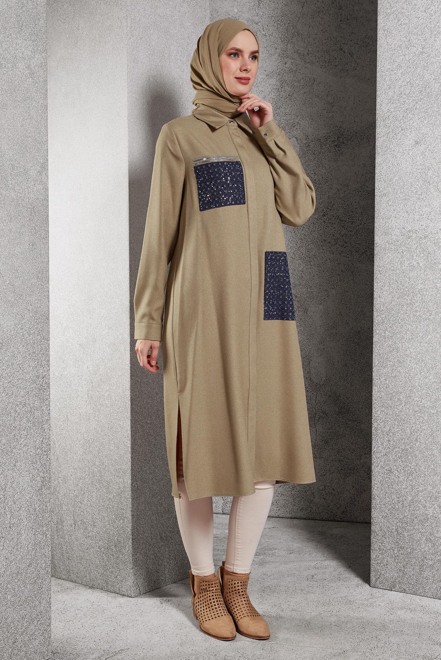 Tesettür giyim KAHVE TAŞ DETAYLI TUNİK 45157
