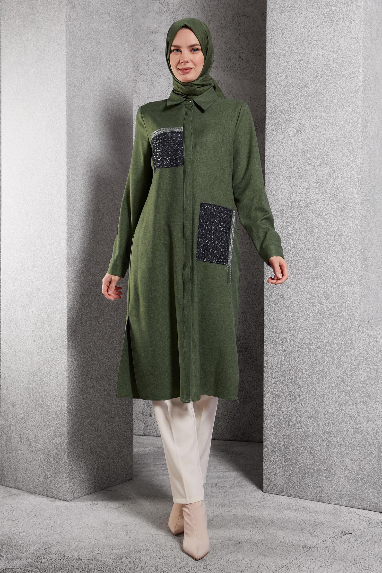 Tesettür giyim HAKİ TAŞ DETAYLI TUNİK 45157