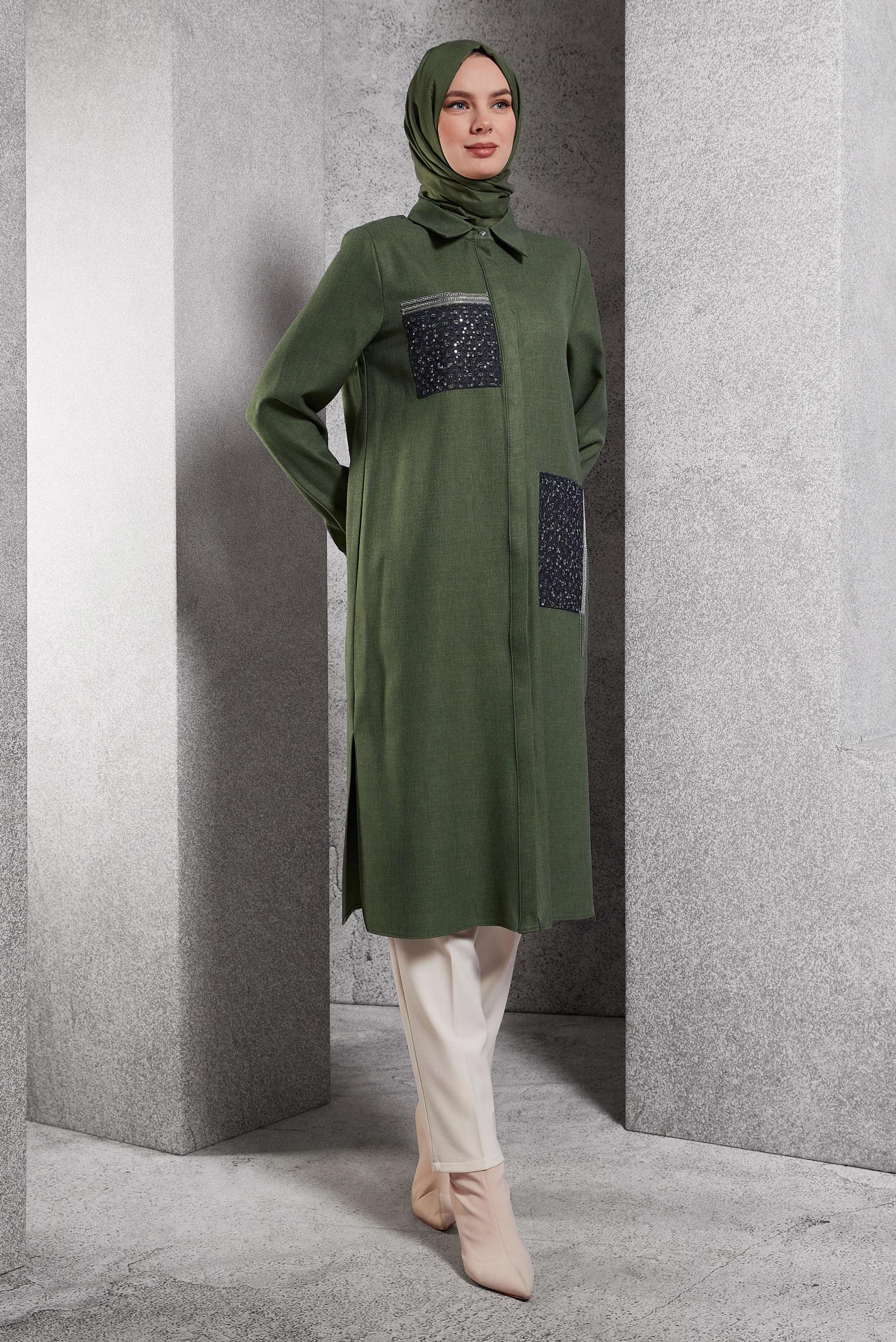 Tesettür giyim HAKİ TAŞ DETAYLI TUNİK 45157