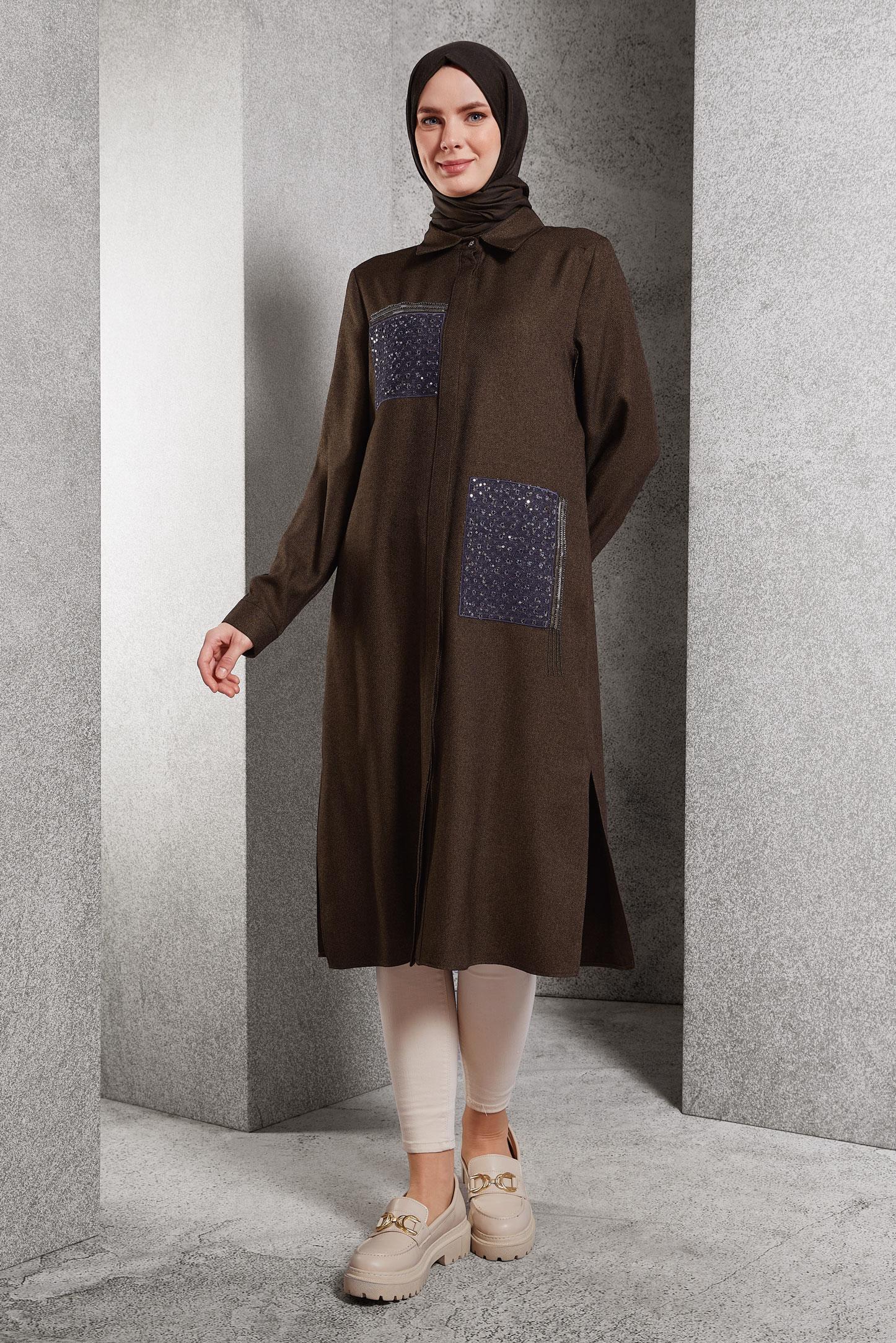 Tesettür giyim KAHVE TAŞ DETAYLI TUNİK 45157