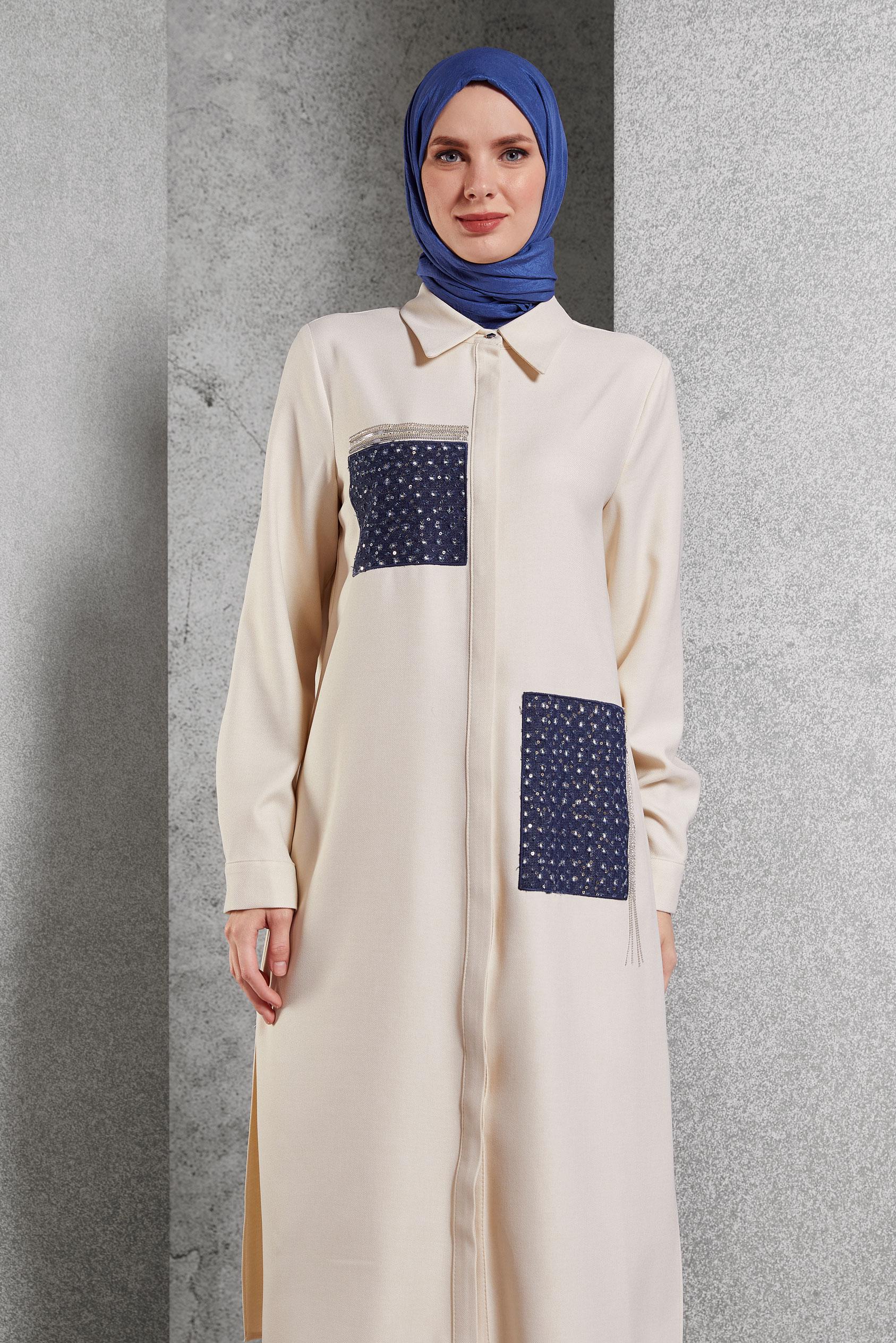 Tesettür giyim EKRU TAŞ DETAYLI TUNİK 45157