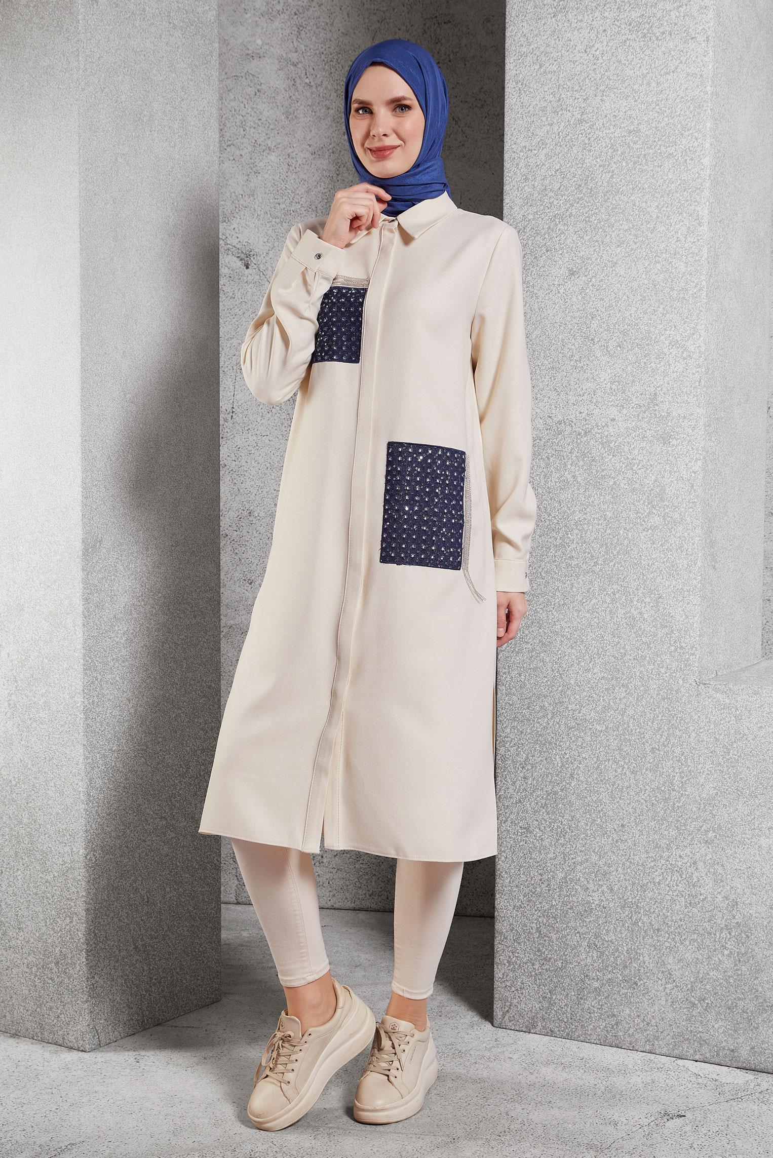 Tesettür giyim EKRU TAŞ DETAYLI TUNİK 45157