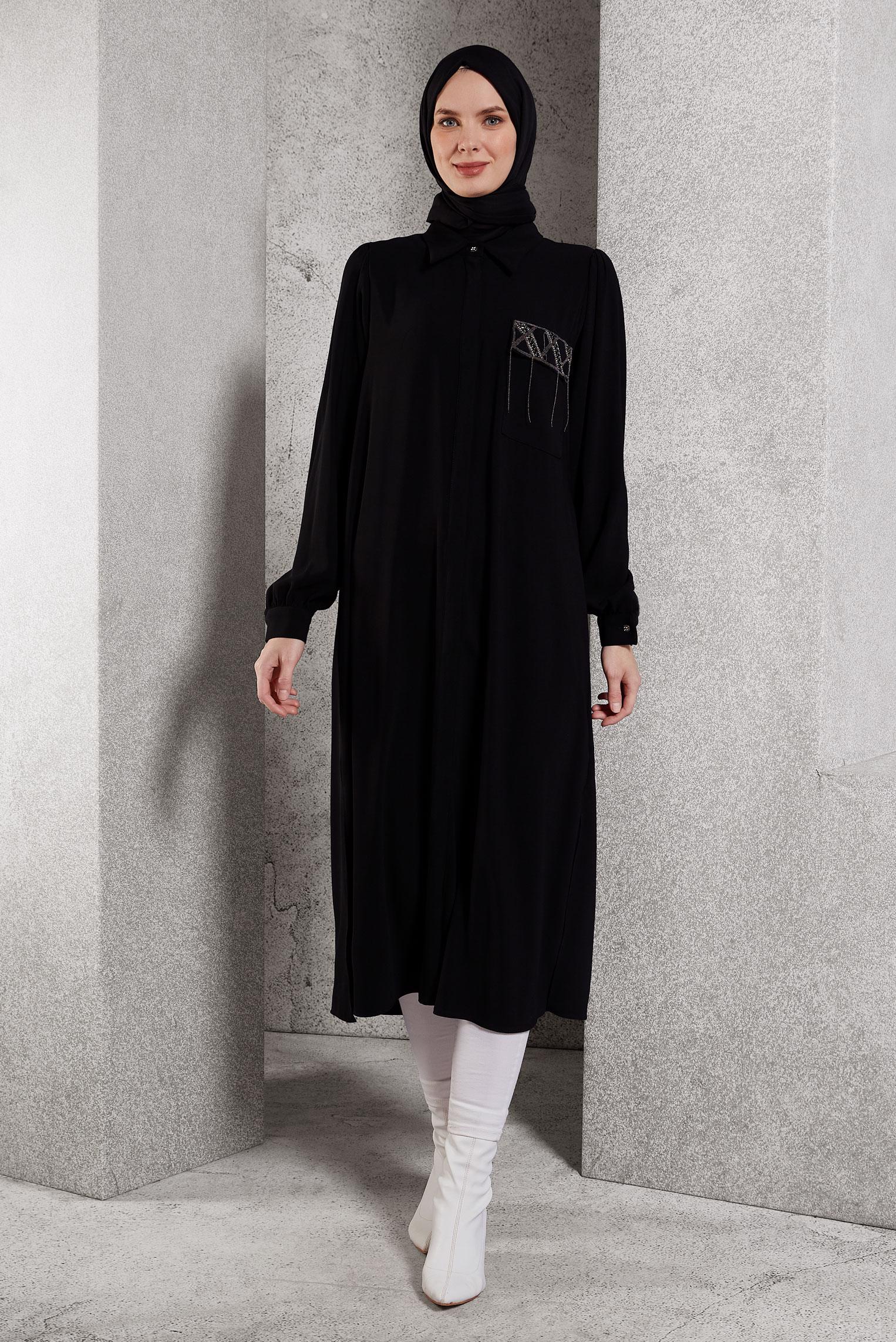 Tesettür giyim SİYAH TAŞ DETAYLI UZUN TUNİK 45159