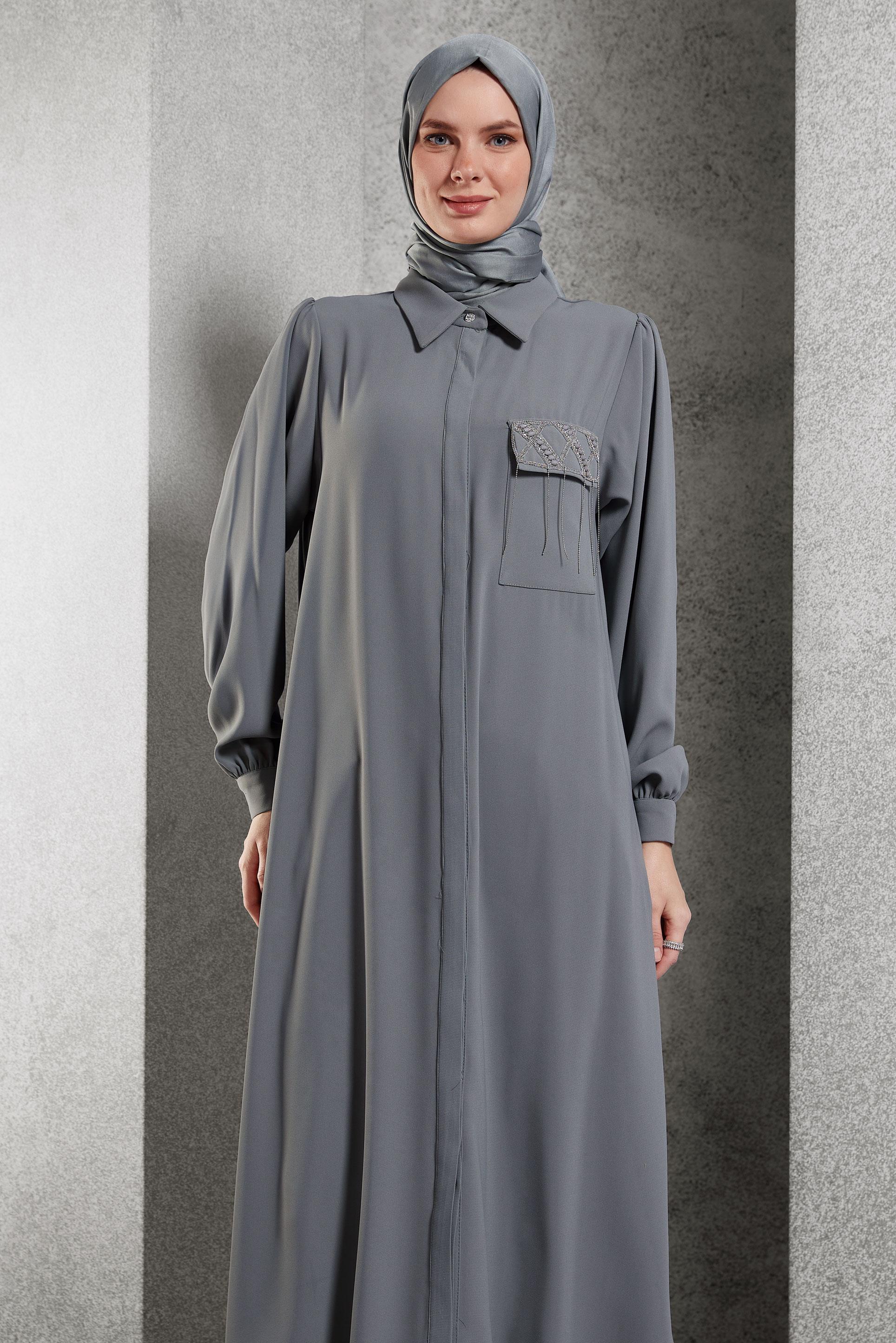 Tesettür giyim GRİ TAŞ DETAYLI UZUN TUNİK 45159