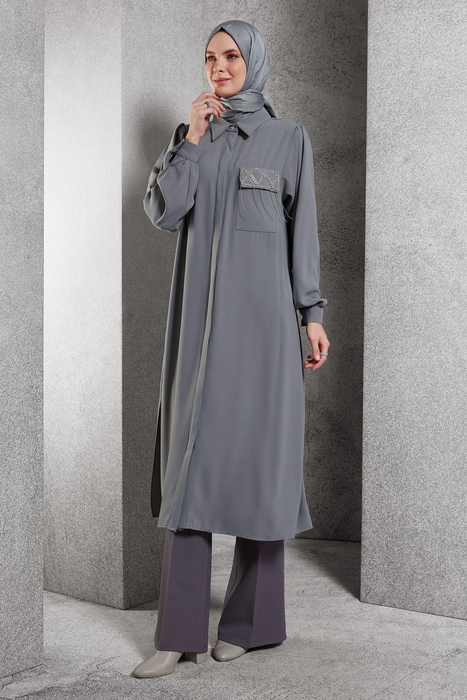 Tesettür giyim GRİ TAŞ DETAYLI UZUN TUNİK 45159
