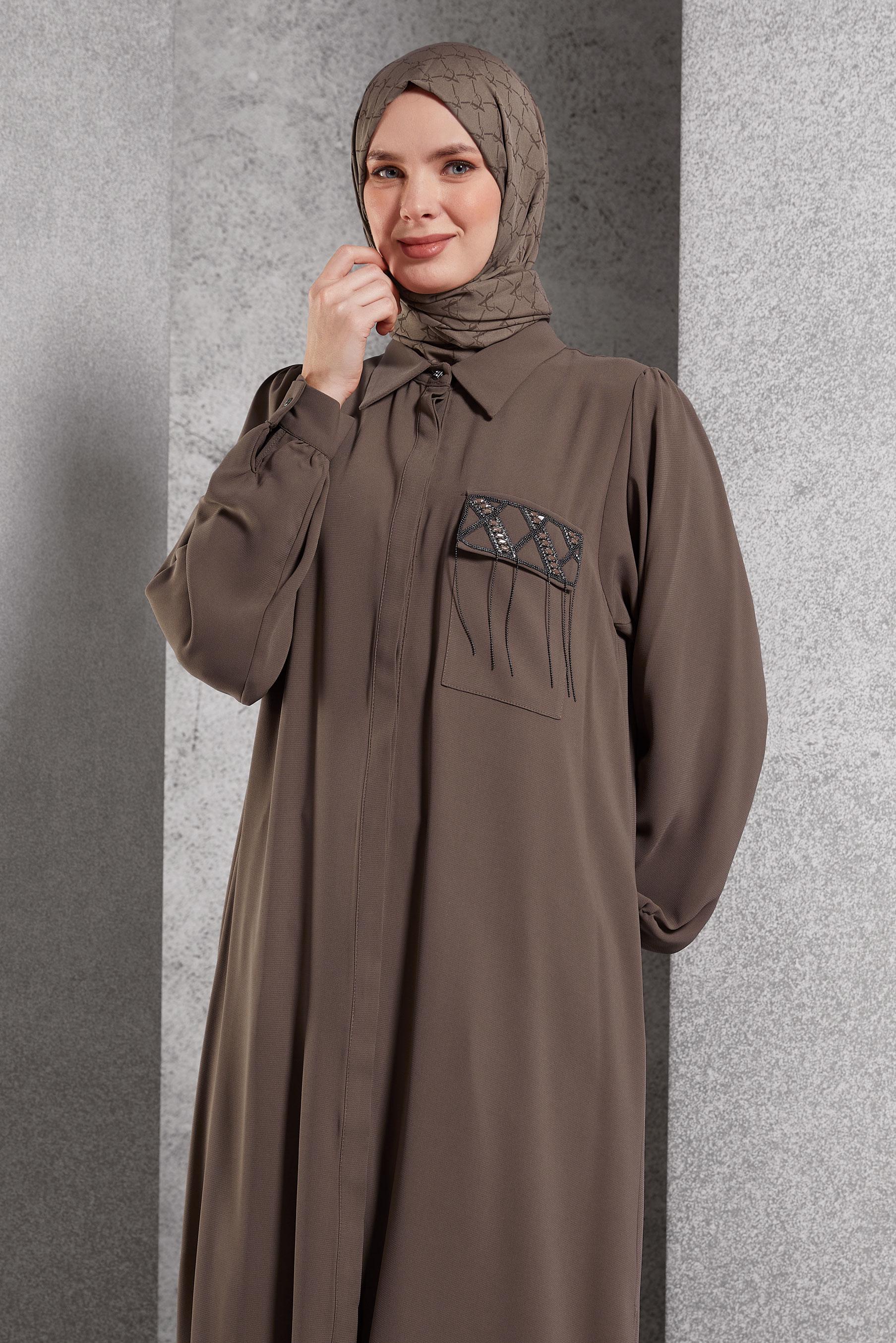 Tesettür giyim VİZON TAŞ DETAYLI UZUN TUNİK 45159