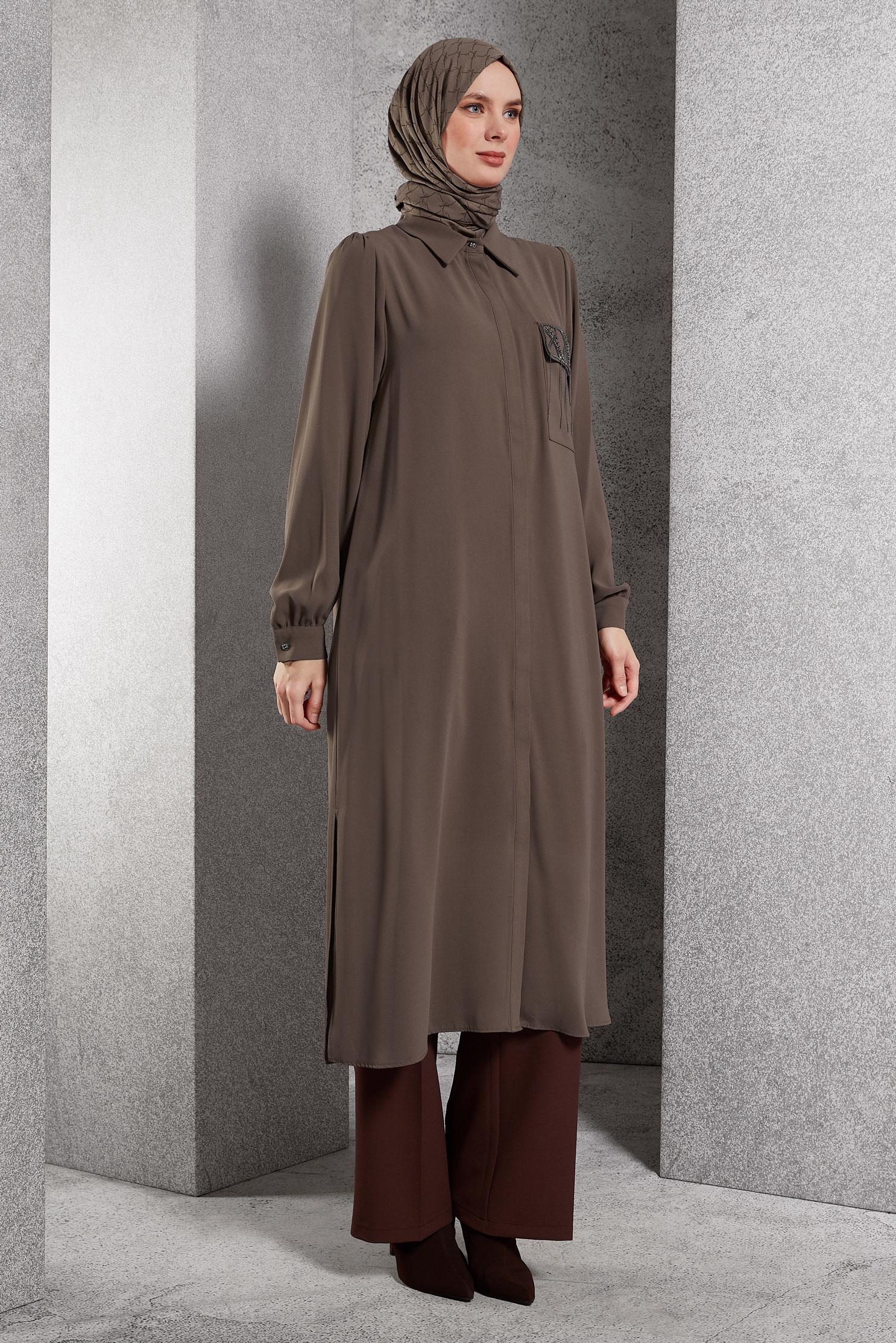 Tesettür giyim VİZON TAŞ DETAYLI UZUN TUNİK 45159