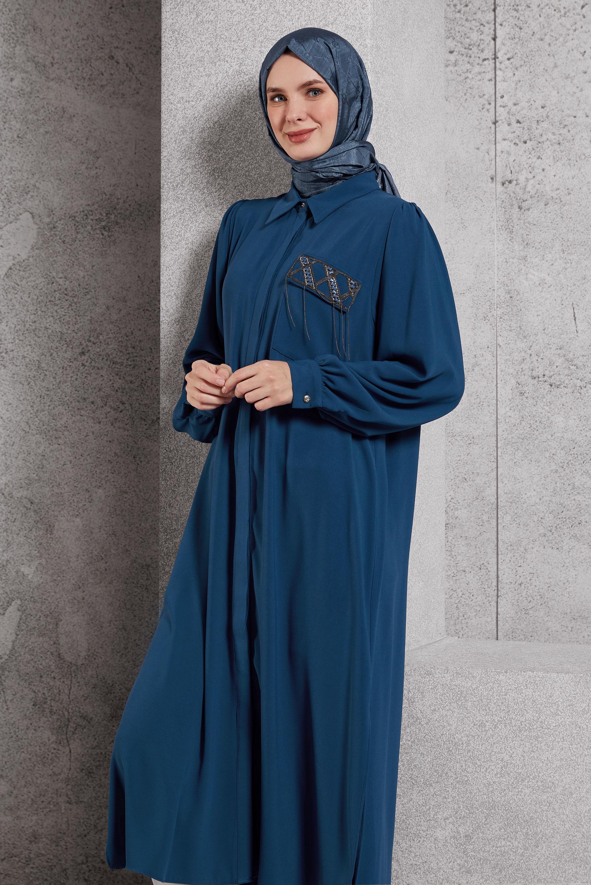 Tesettür giyim LACİVERT TAŞ DETAYLI UZUN TUNİK 45159