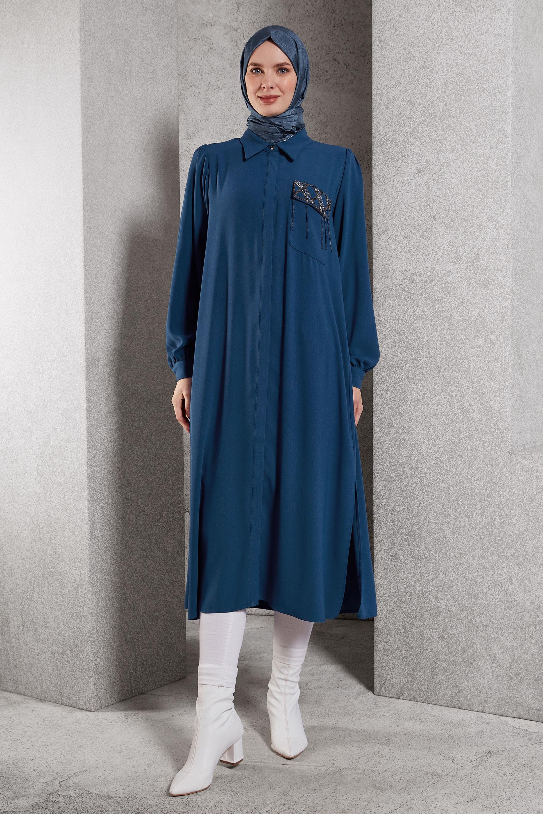 Tesettür giyim LACİVERT TAŞ DETAYLI UZUN TUNİK 45159