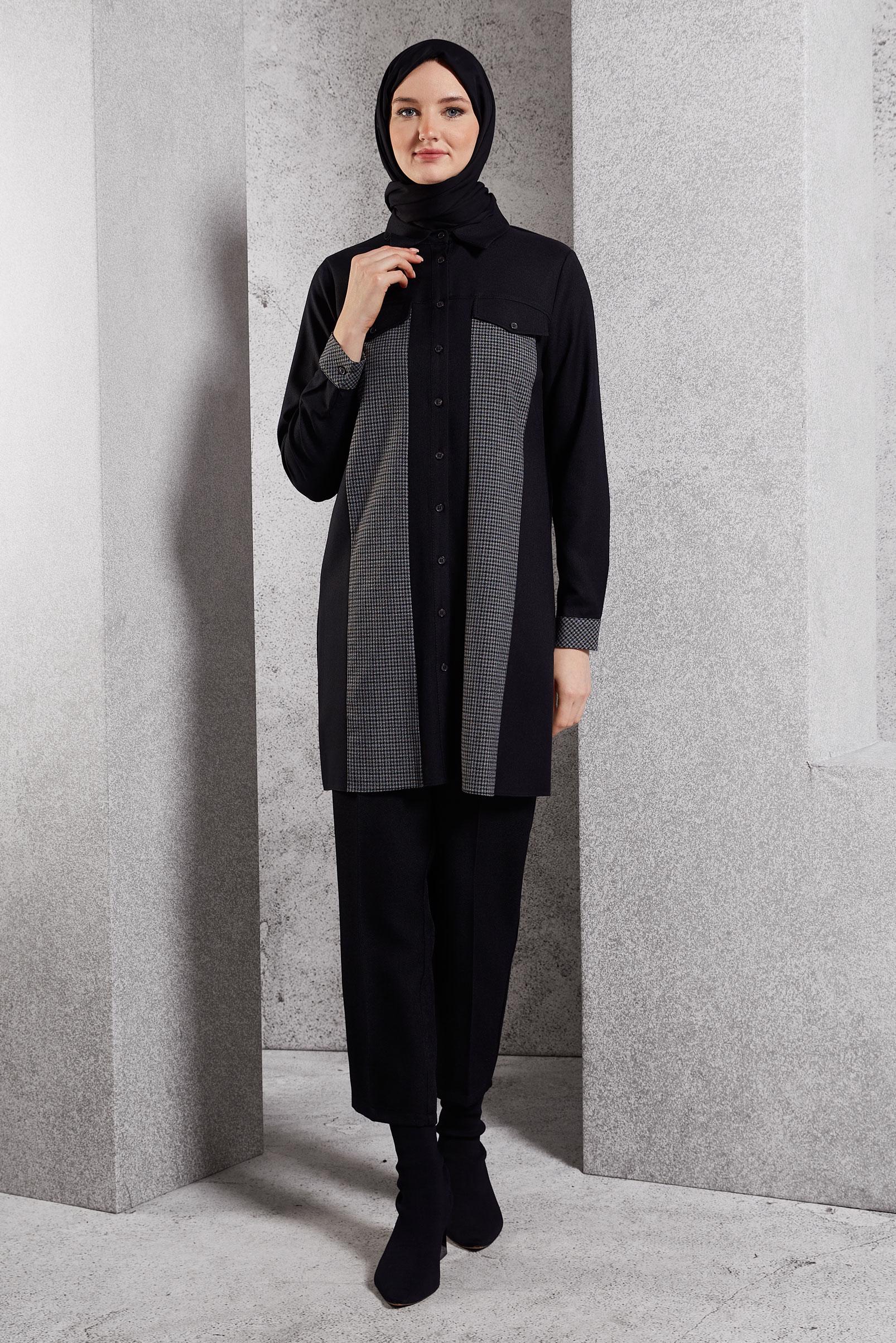 Tesettür giyim SİYAH GÖMLEK YAKA TUNİK 45163
