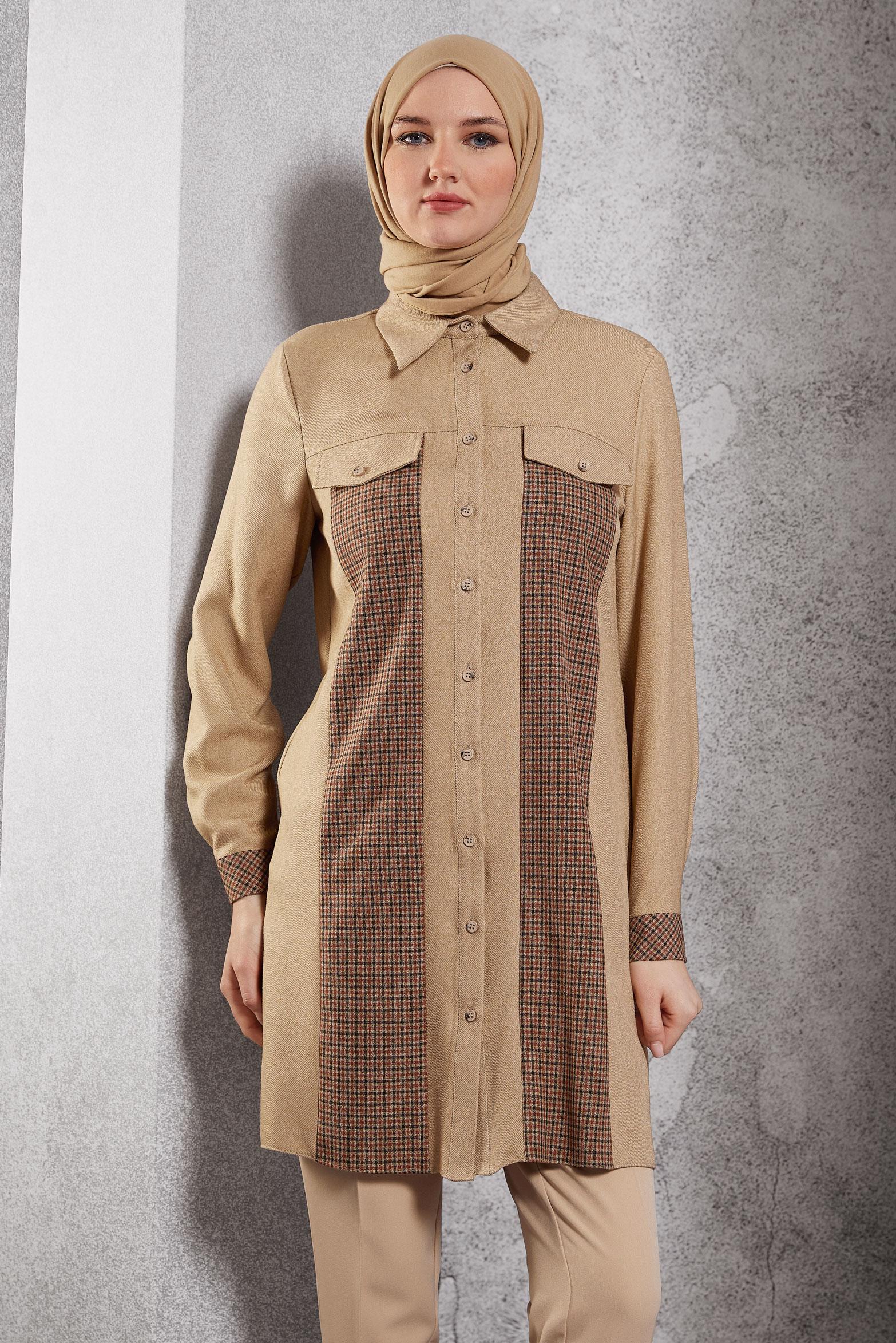 Tesettür giyim KAHVE GÖMLEK YAKA TUNİK 45163