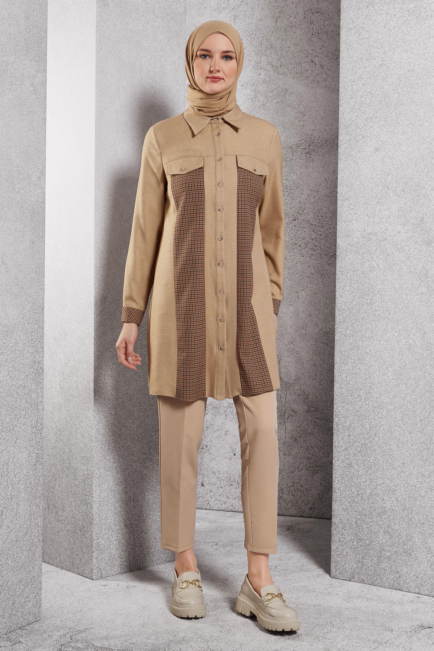 Tesettür giyim KAHVE GÖMLEK YAKA TUNİK 45163