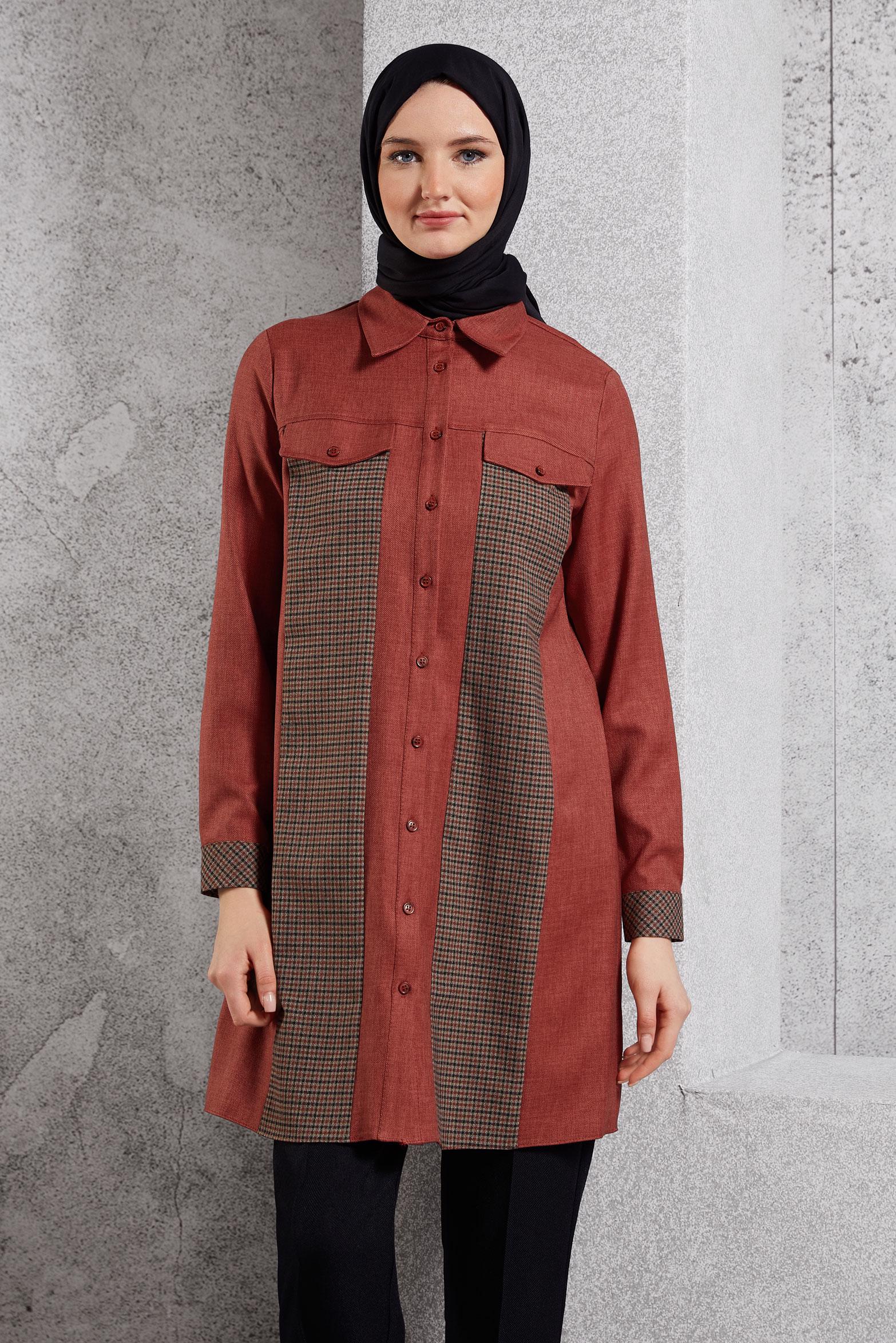 Tesettür giyim TURUNCU GÖMLEK YAKA TUNİK 45163