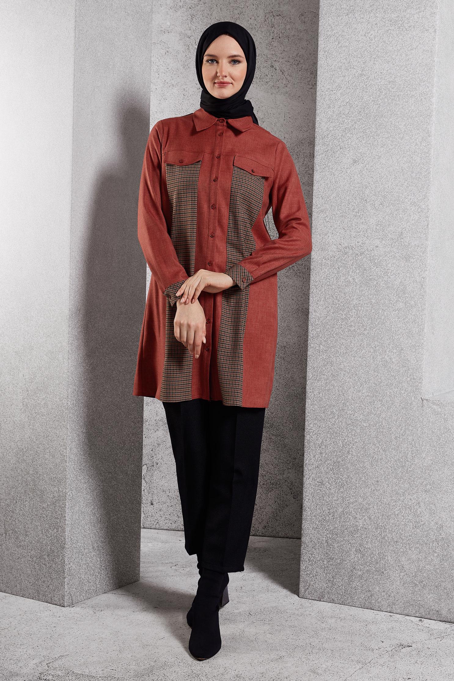 Tesettür giyim TURUNCU GÖMLEK YAKA TUNİK 45163