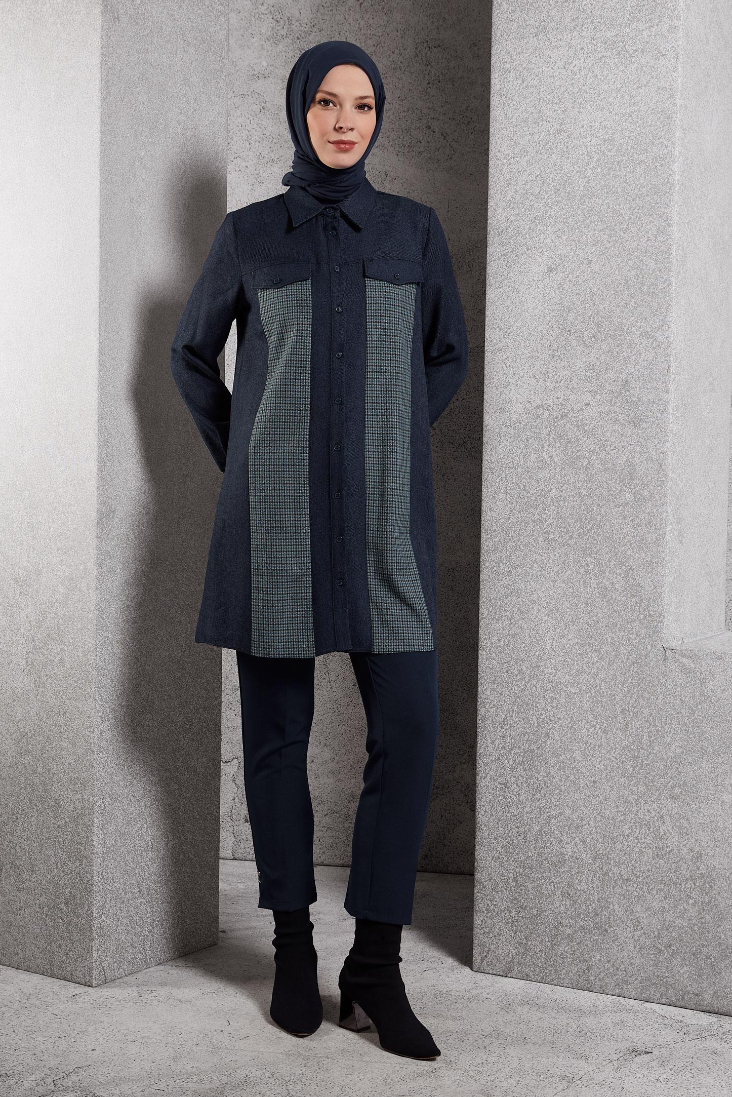 Tesettür giyim LACİVERT GÖMLEK YAKA TUNİK 45163