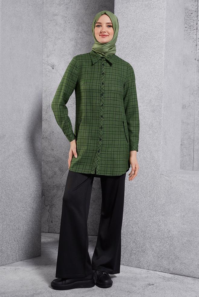 Hijab clothing GREEN PLAID PATTERNED TUNIC 45165 - ALVİNA