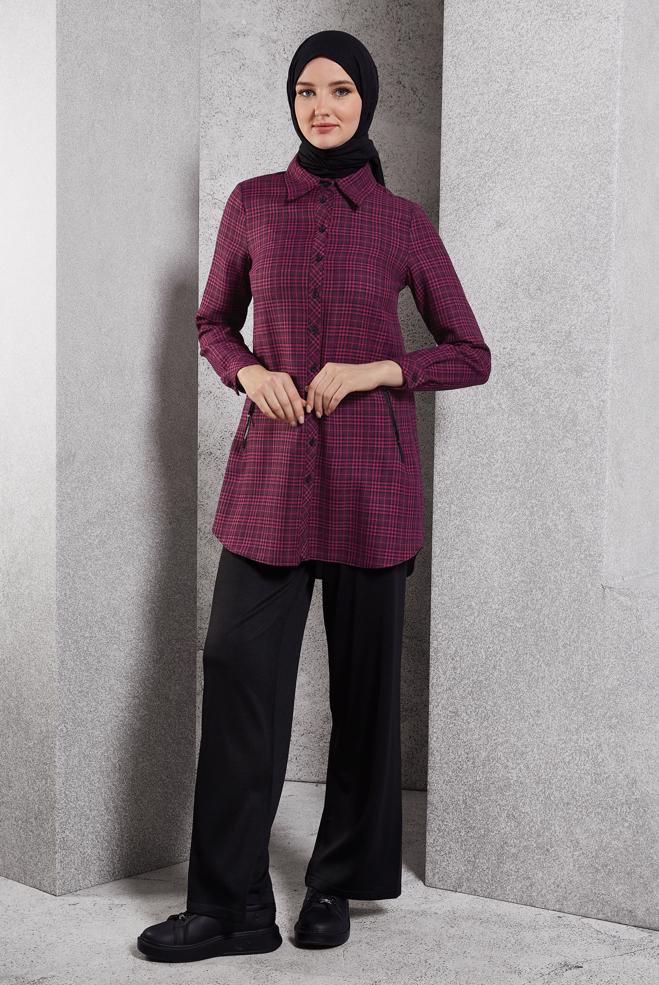 Hijab clothing FUCHSIA PLAID PATTERNED TUNIC 45165 - ALVİNA