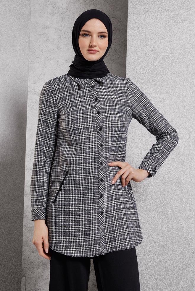 Hijab clothing BLACK PLAID PATTERNED TUNIC 45165 - ALVİNA