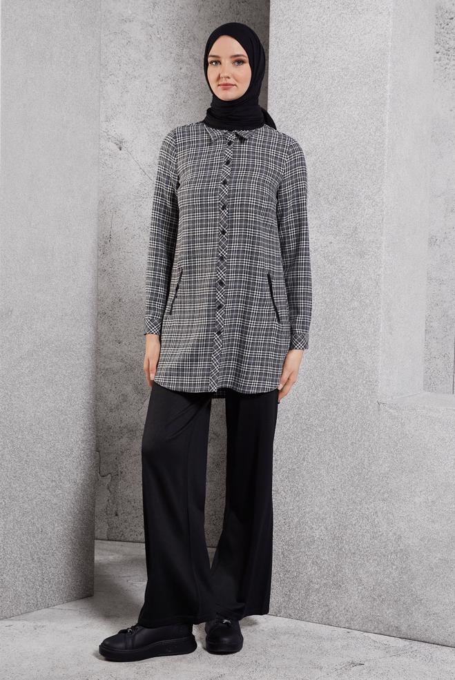Hijab clothing BLACK PLAID PATTERNED TUNIC 45165 - ALVİNA