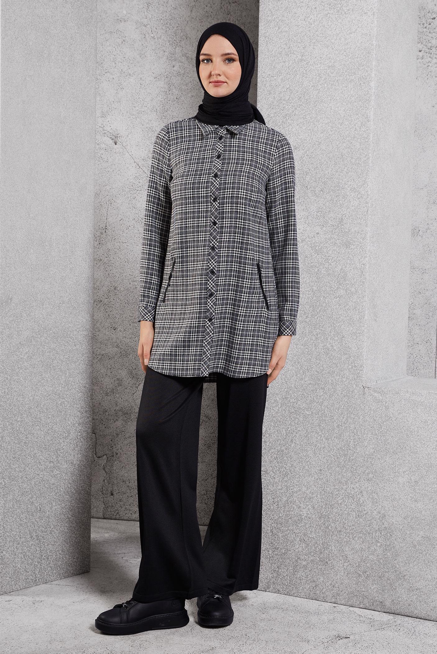 Tesettür giyim SİYAH EKOSE DESENLİ TUNİK 45165