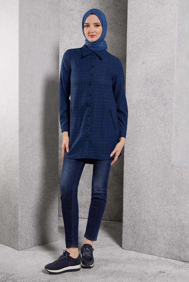 Hijab clothing NAVY BLUE PLAID PATTERNED TUNIC 45165 - ALVİNA