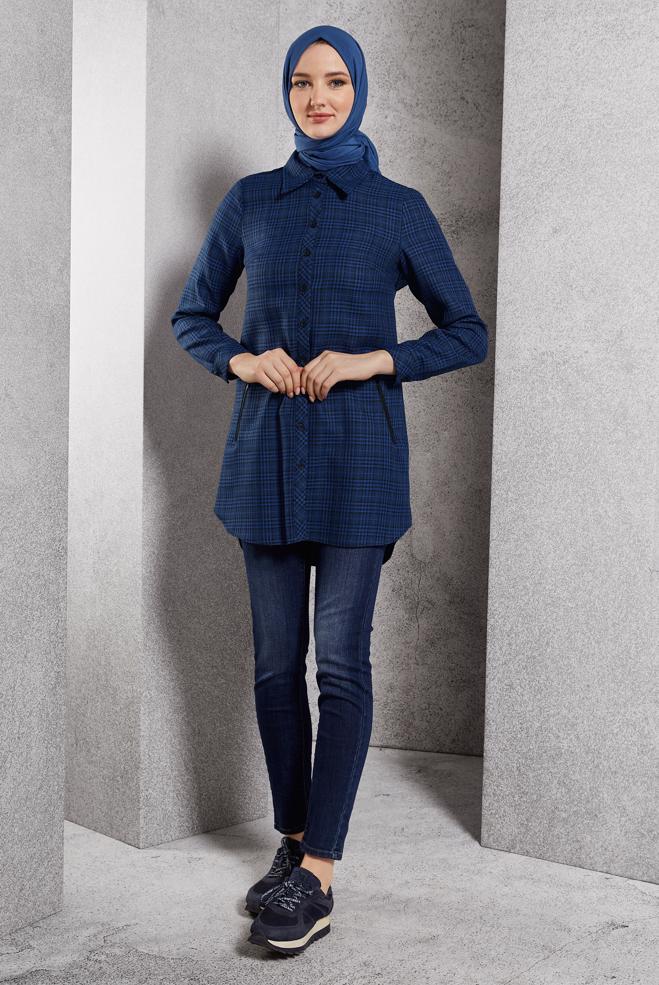 Hijab clothing NAVY BLUE PLAID PATTERNED TUNIC 45165 - ALVİNA