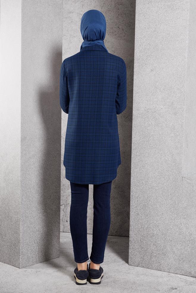 Hijab clothing NAVY BLUE PLAID PATTERNED TUNIC 45165 - ALVİNA