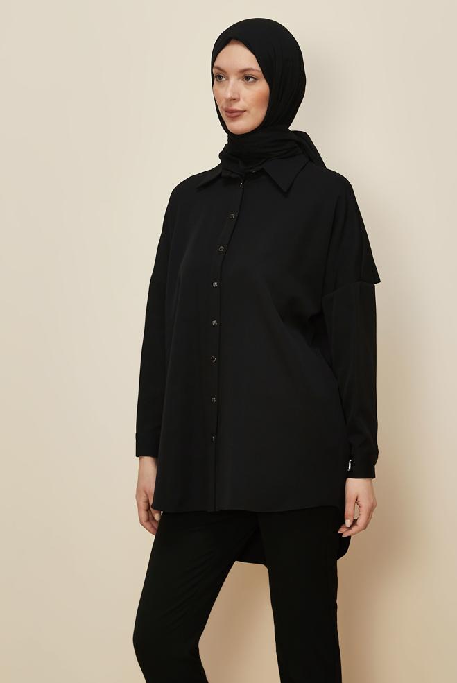 Vêtements hijab NOIR TUNIQUE CHEMISE BASIQUE 45166 - ALVİNA
