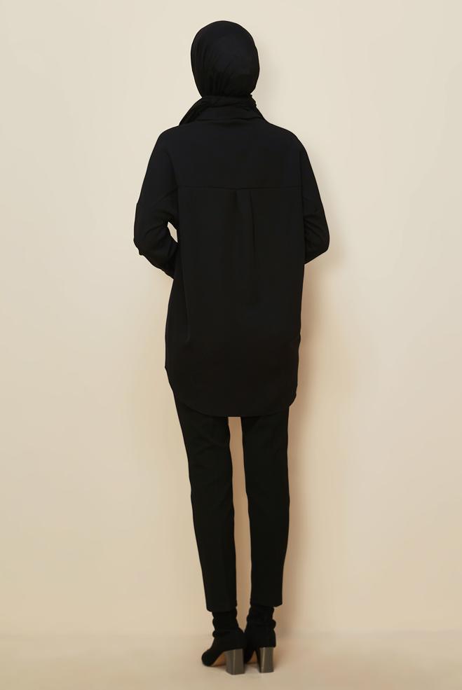 Vêtements hijab NOIR TUNIQUE CHEMISE BASIQUE 45166 - ALVİNA