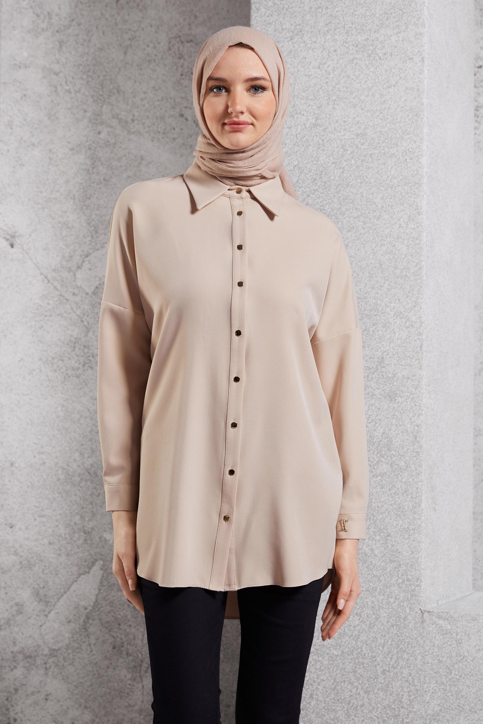 Tesettür giyim BEJ DÜZ GÖMLEK TUNİK 45166