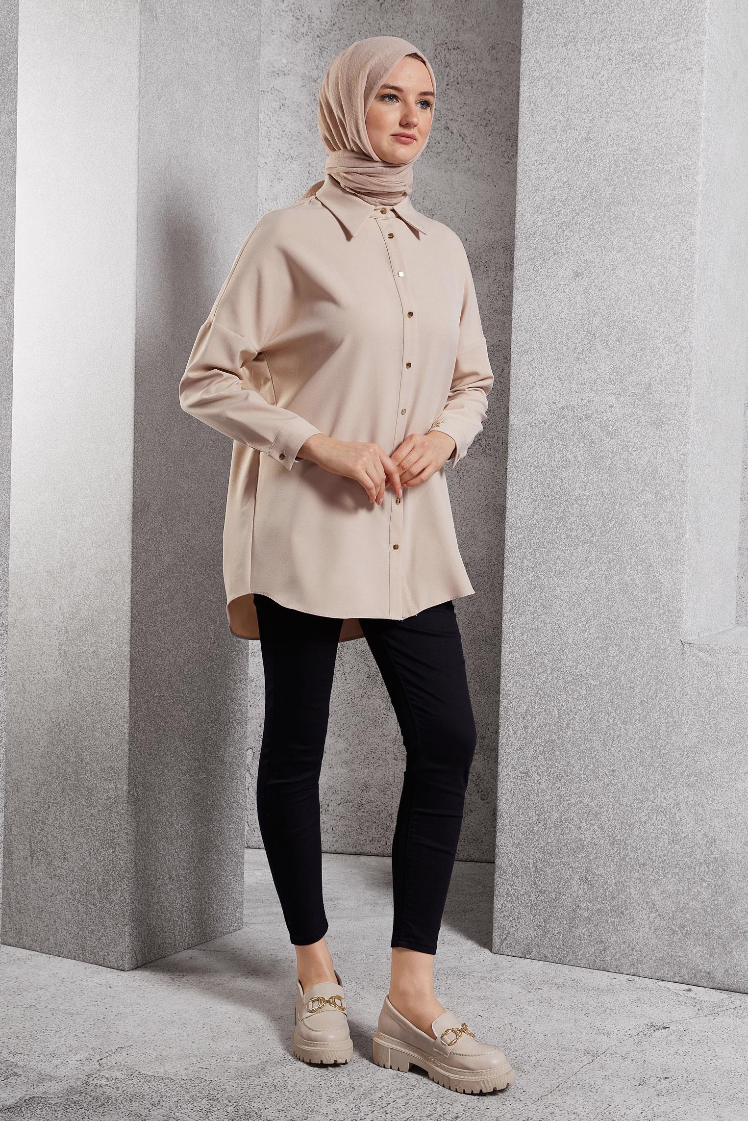 Tesettür giyim BEJ DÜZ GÖMLEK TUNİK 45166