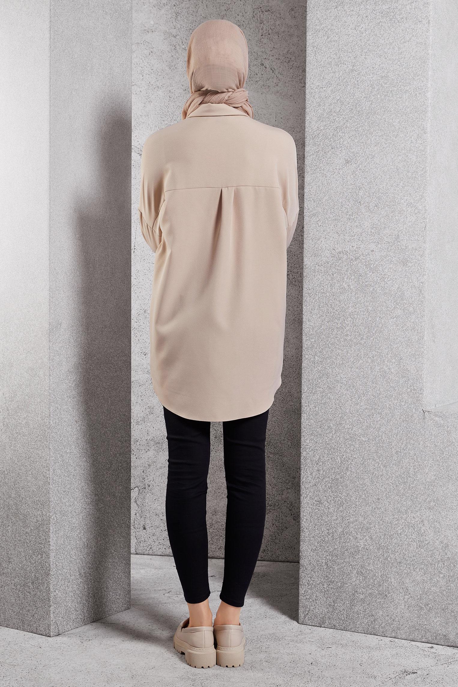 Tesettür giyim BEJ DÜZ GÖMLEK TUNİK 45166
