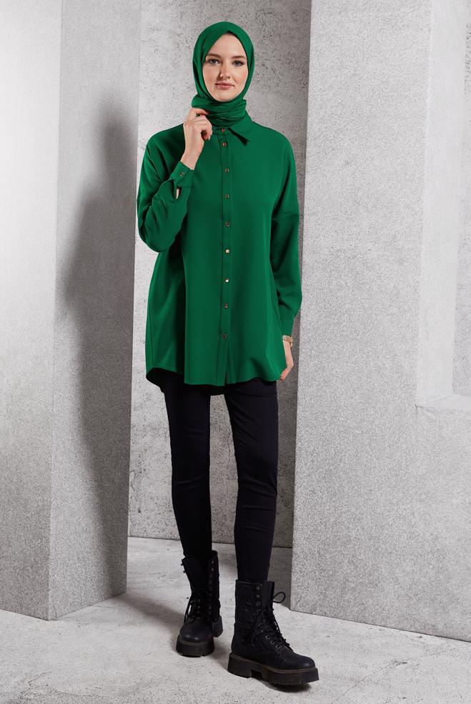 Tesettür giyim YEŞİL DÜZ GÖMLEK TUNİK 45166 - ALVİNA
