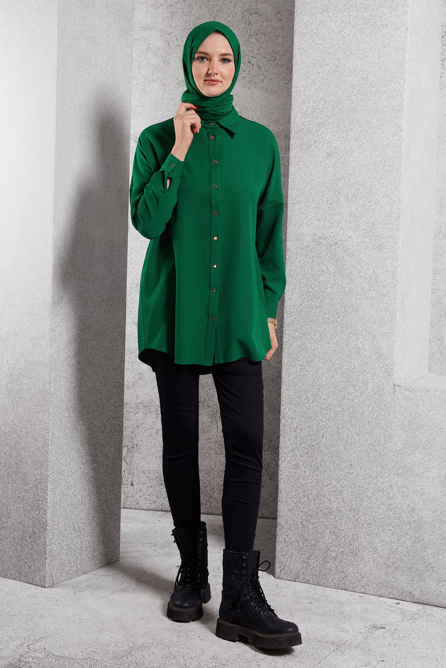 Tesettür giyim YEŞİL DÜZ GÖMLEK TUNİK 45166
