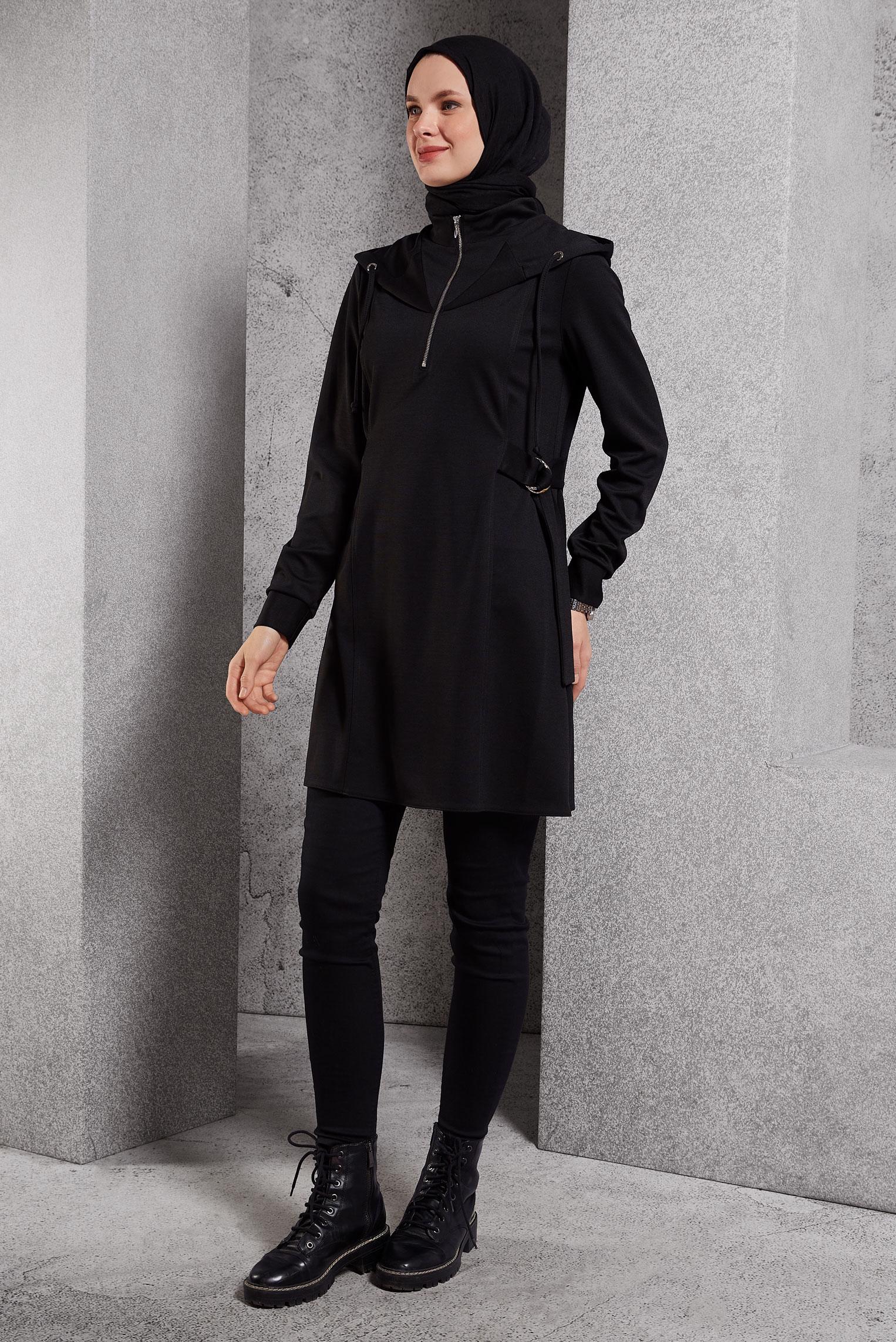 Tesettür giyim SİYAH KAPÜŞONLU TUNİK 45168