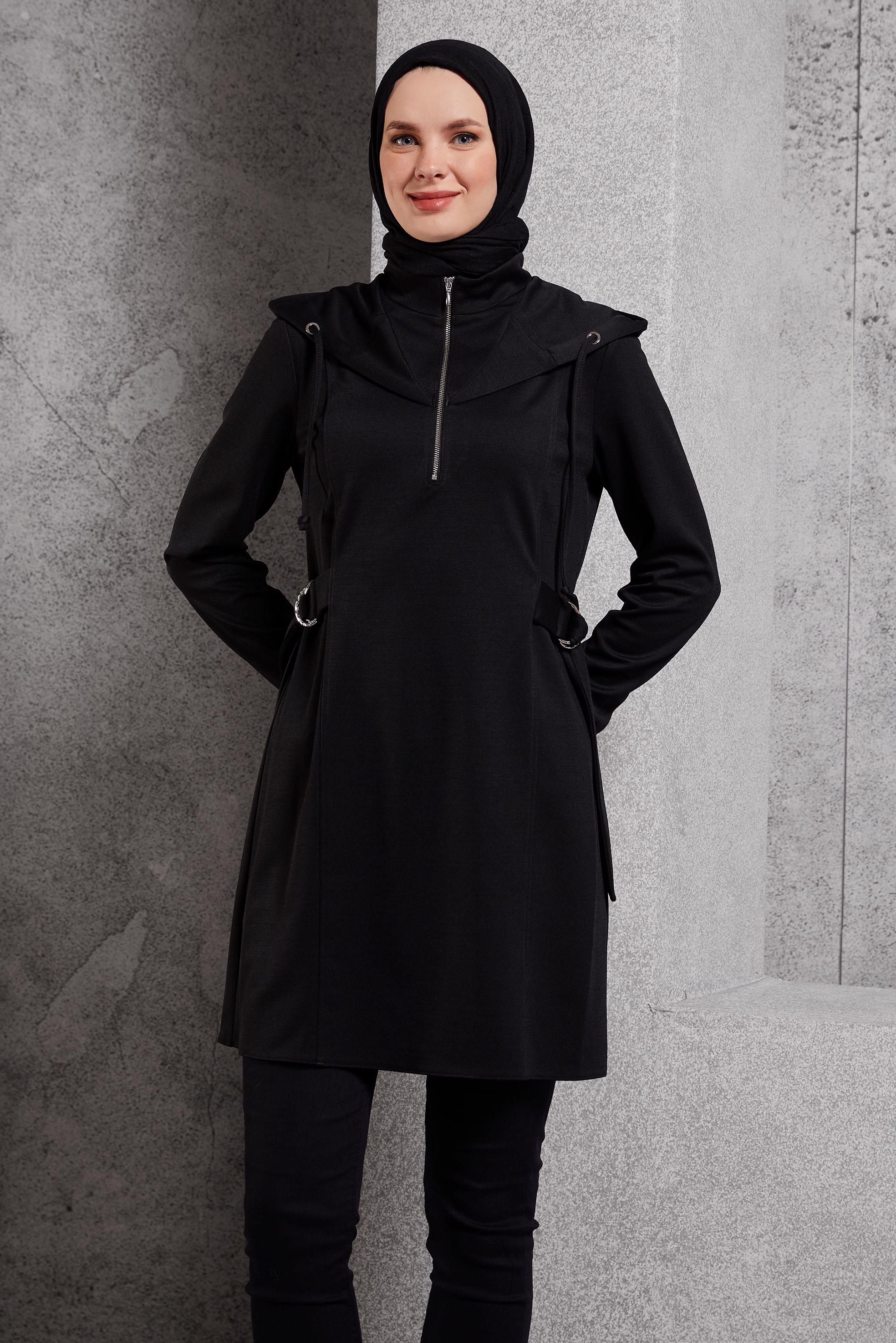 Tesettür giyim SİYAH KAPÜŞONLU TUNİK 45168