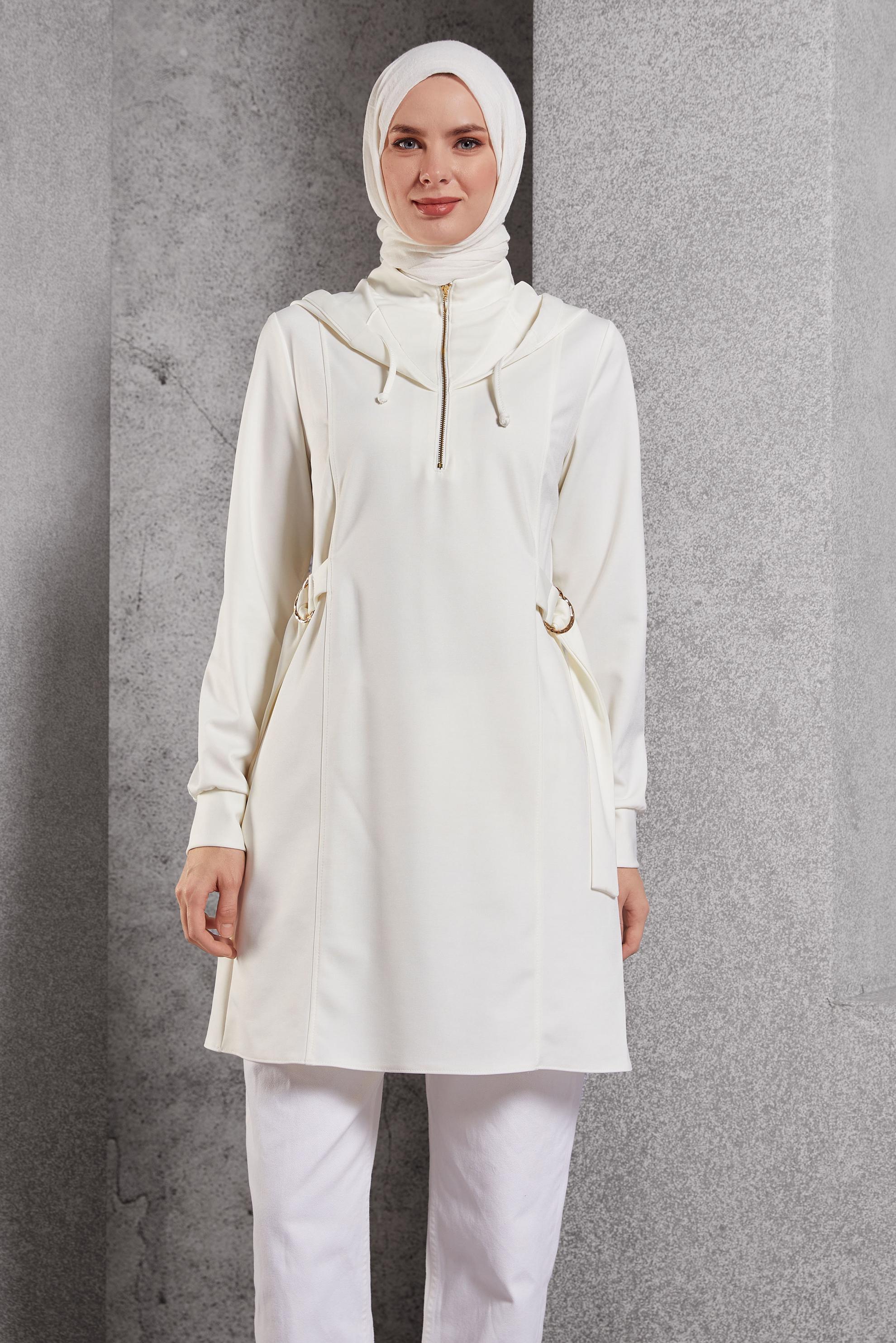 Tesettür giyim BEYAZ KAPÜŞONLU TUNİK 45168