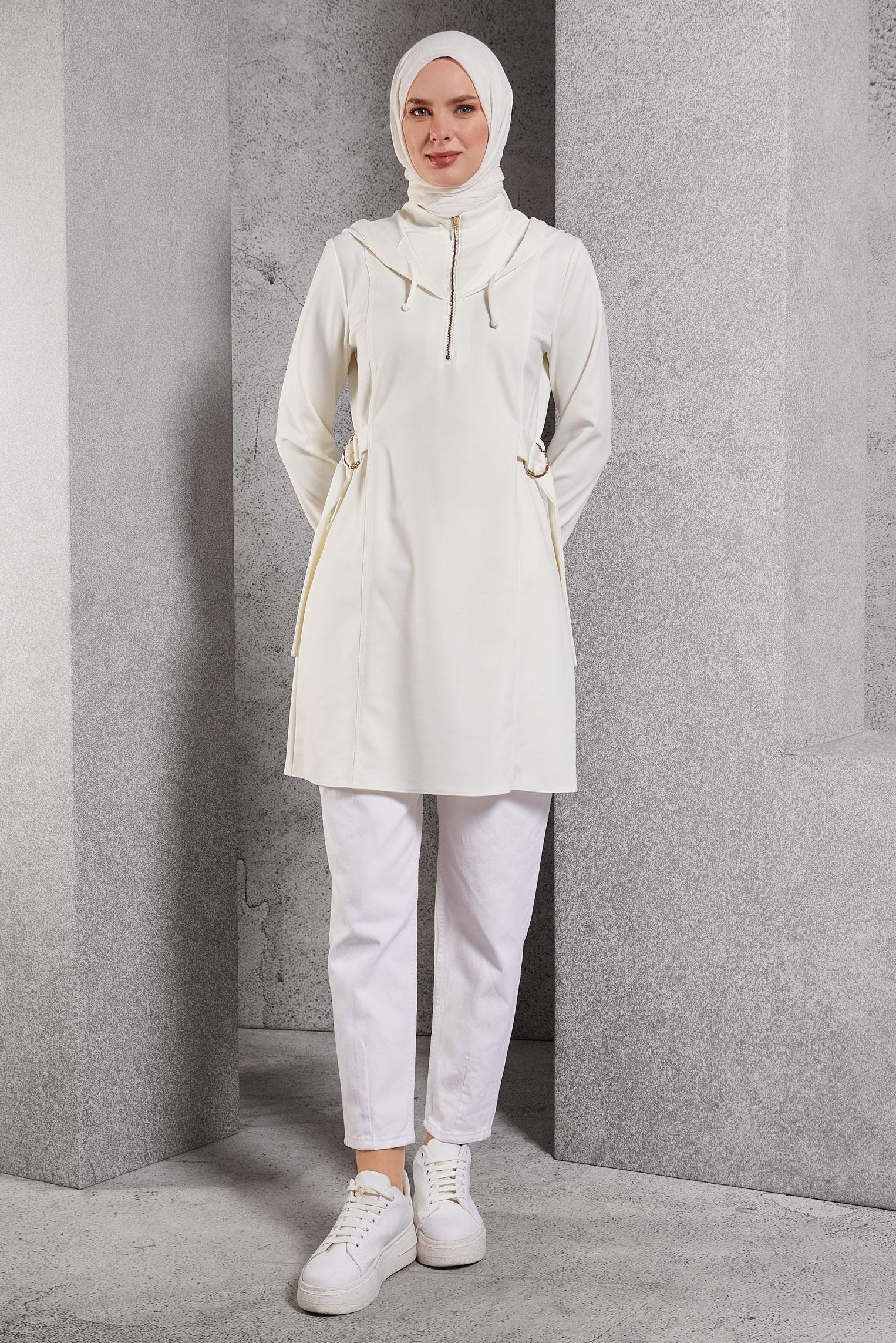 Tesettür giyim BEYAZ KAPÜŞONLU TUNİK 45168