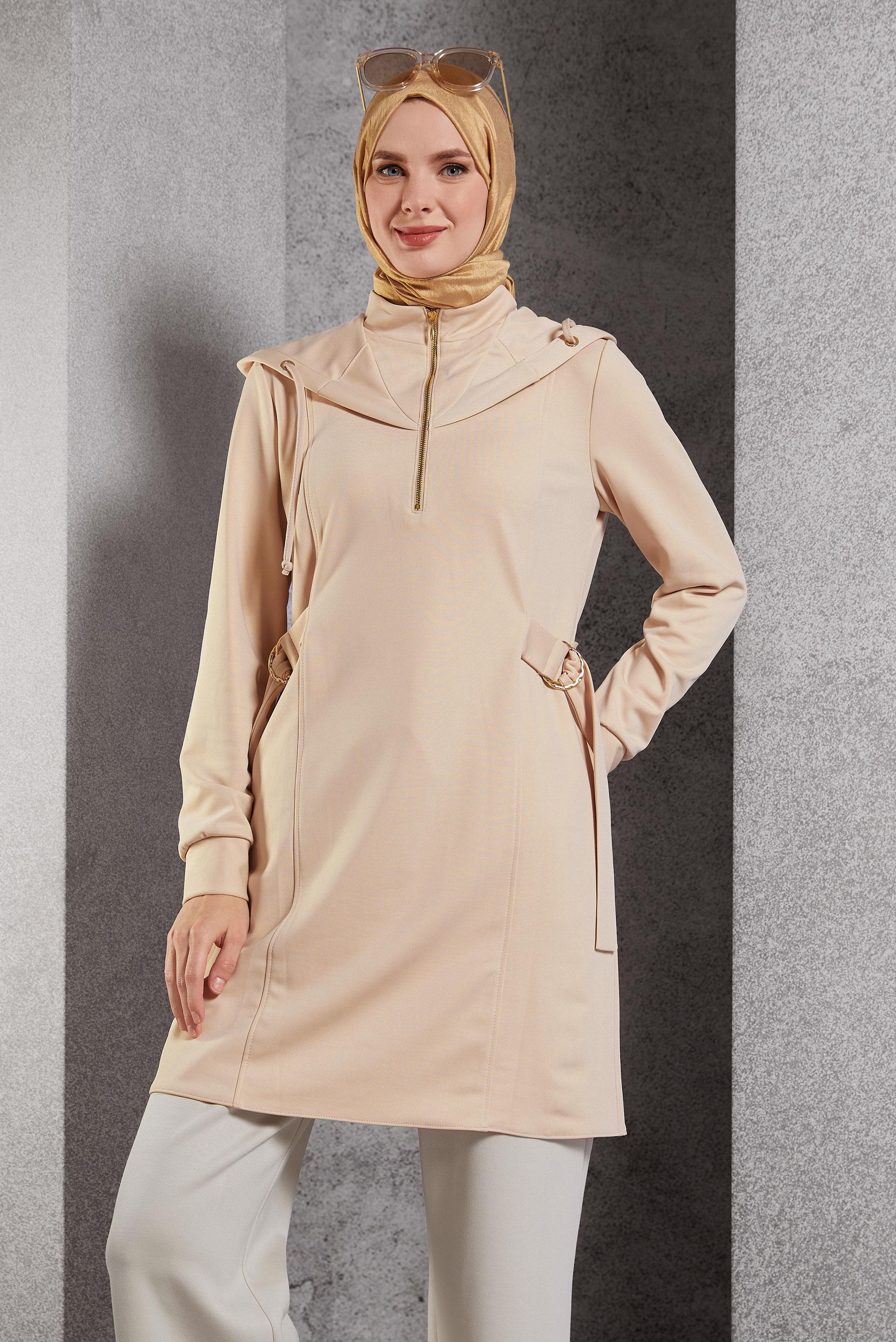 Tesettür giyim BEJ KAPÜŞONLU TUNİK 45168