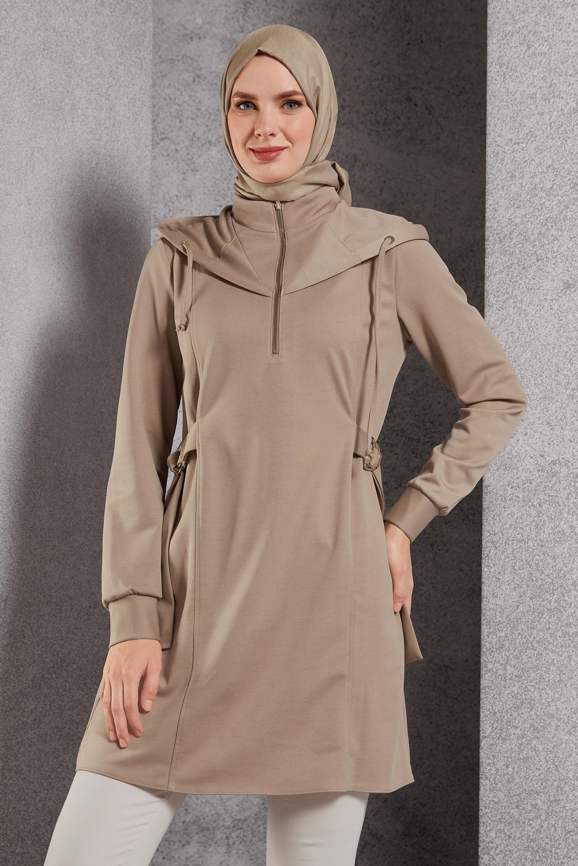 Tesettür giyim BEJ KAPÜŞONLU TUNİK 45168