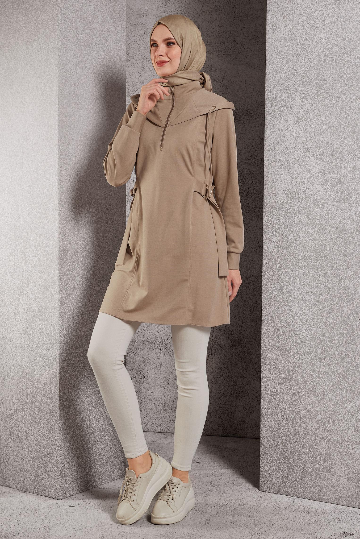 Tesettür giyim BEJ KAPÜŞONLU TUNİK 45168
