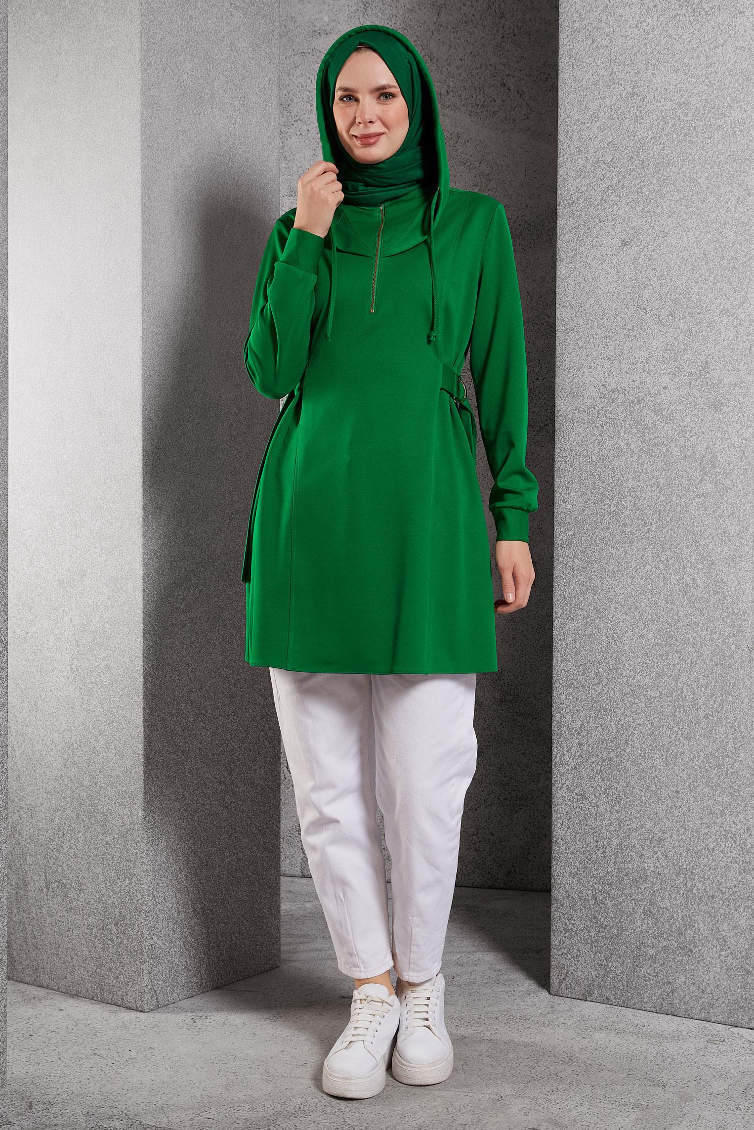 Tesettür giyim YEŞİL KAPÜŞONLU TUNİK 45168