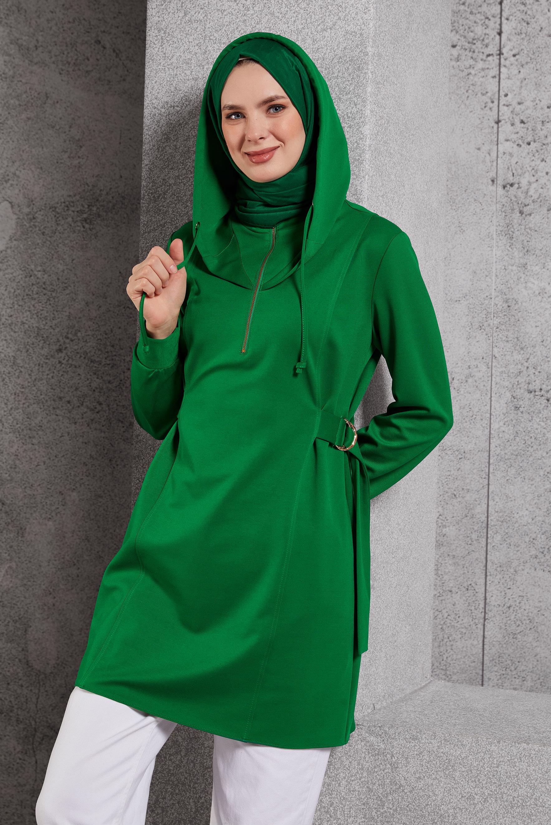 Tesettür giyim YEŞİL KAPÜŞONLU TUNİK 45168