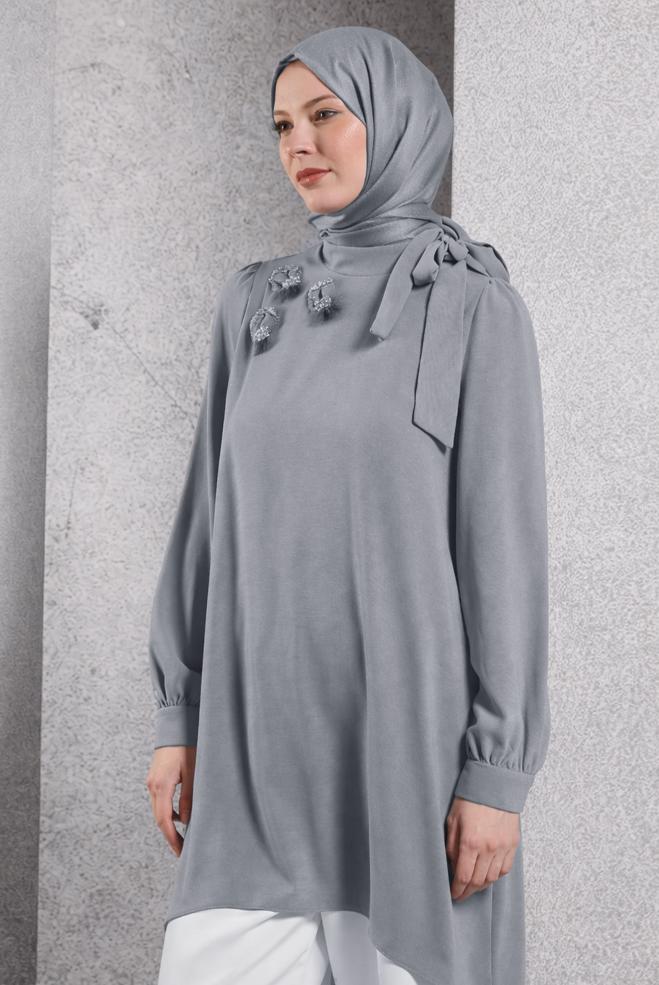 Vêtements hijab GRIS TUNIQUE À COL NOUÉ 45171 - ALVİNA
