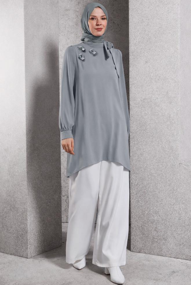 Vêtements hijab GRIS TUNIQUE À COL NOUÉ 45171 - ALVİNA
